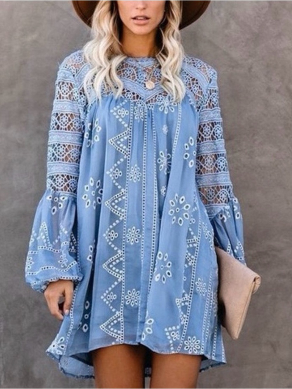 STRUT & BOLT NWT Western-Chic Boho Embroidered Blue Crochet Long Poet SLV Mini M